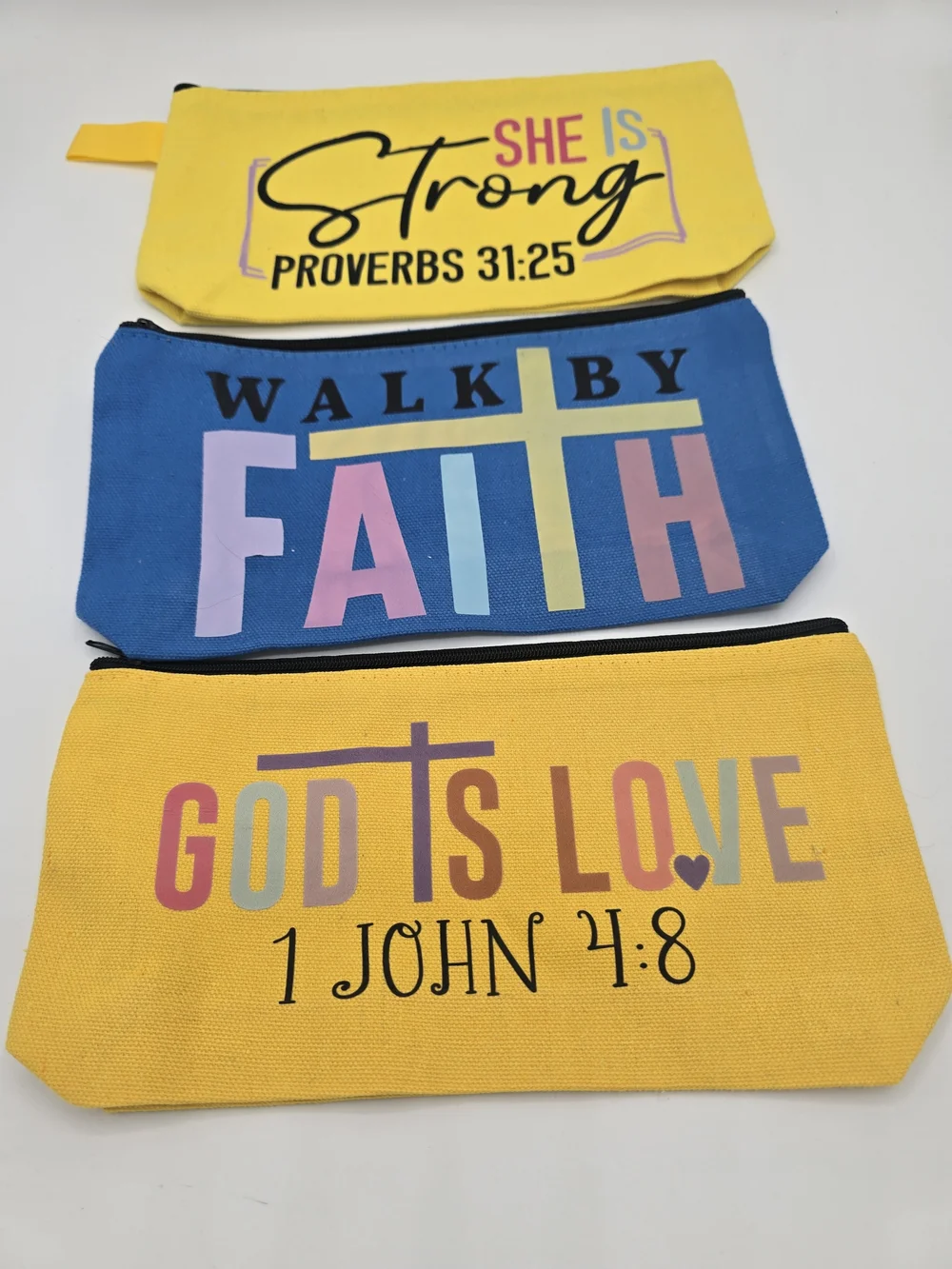 3 Pack Faith-Themed Yellow & Blue Cosmetic Or Pencil Pouches - Unbranded - New